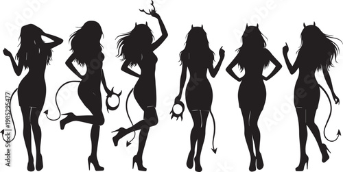 Group of women in silhouette wearing short dresses and horns.