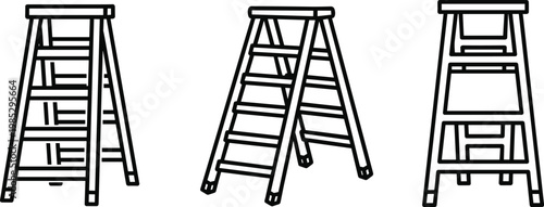 Step ladder icon collection in minimal outline style featuring construction equipment symbols for maintenance work safety and industrial use