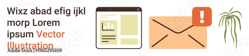Online communication, email alert, messaging services, digital marketing, user interface, work process. A webpage design, an email notification icon and a decorative plant. Online communication