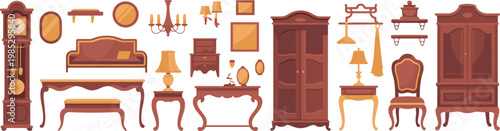 Vintage furniture collection flat vector illustration with cabinets tables chairs mirrors lamps and classic interior decor elements set