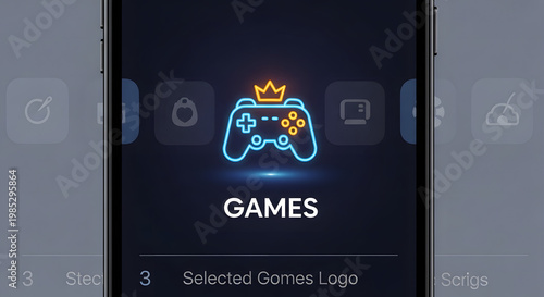 Mobile Gaming App Interface with Neon Controller and Crown Icon