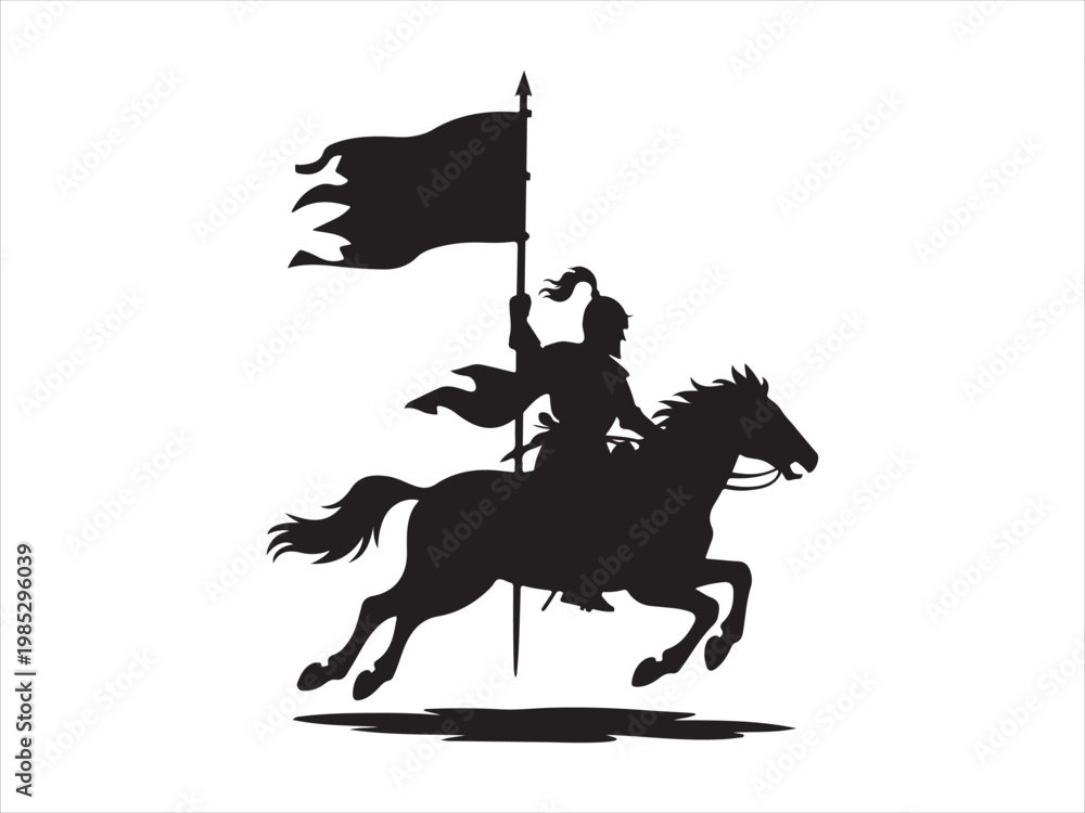 Fototapeta premium Horse knight back silhouette vector logo, Knight on horse silhouette vector illustration, medieval warrior flag icon design
