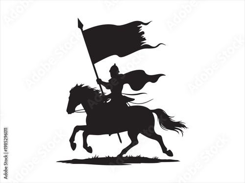Horse knight back silhouette vector logo, Knight on horse silhouette vector illustration, medieval warrior flag icon design