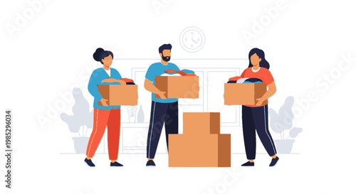 People Unloading and Sorting Cardboard Boxes in Warehouse