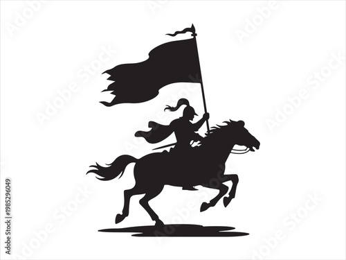 Horse knight back silhouette vector logo, Knight on horse silhouette vector illustration, medieval warrior flag icon design