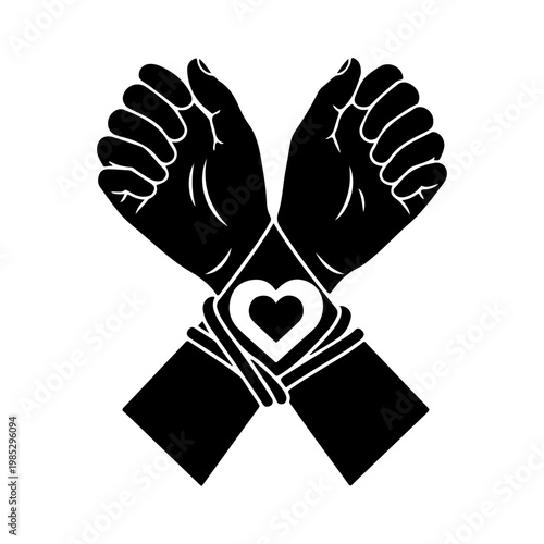 Raised Fists with Heart Symbol, Unity and Solidarity Icon, Black Power and Love Concept Vector Isolated on White Background