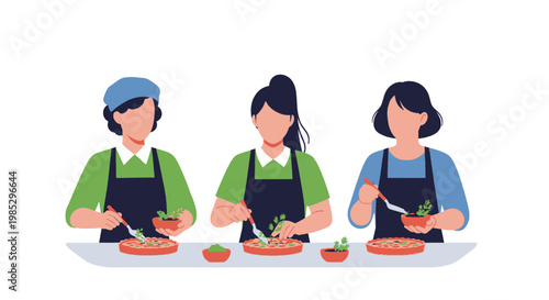 Three Female Chefs Preparing Fresh Fruit Dishes in Kitchen