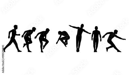 Male gymnast motion sequence silhouette vector showing jump and landing artistic gymnastics action