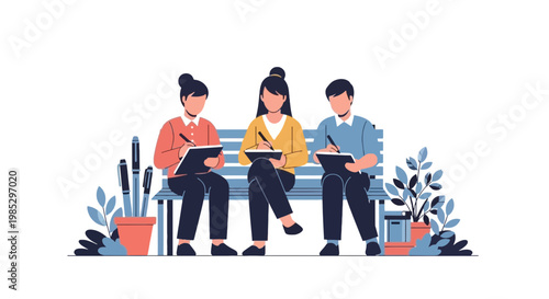 Diverse Group of Young Professionals Reading and Using Tablets on Bench