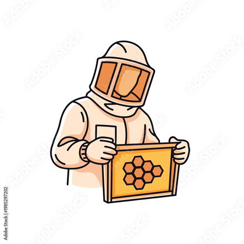Beekeeper holding honeycomb frame in modern line art illustration