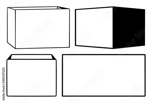 Shipping box set with solid black color and white background featuring bulk buy, wholesale, storage with package and delivery