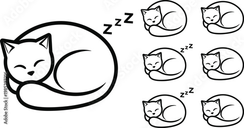 Sleeping cat pet line icon set featuring curled feline resting poses peaceful nap symbols and domestic animal illustration collection