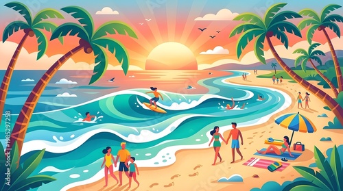 Vibrant tropical beach scene at sunset with people surfing swimming and relaxing under palm trees illustration