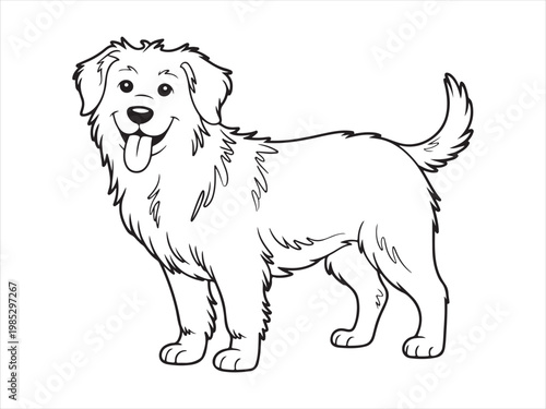 Outline adorable Maltese puppy drawing, pure white fluffy dog, isolated on white background