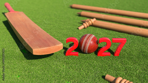 New Year 2027 Creative Design Concept with cricket ball - 3D Rendered Image