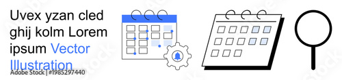 Business planning, project scheduling, workflow management, task organization, productivity monitoring, appointment tracking. Calendar icon, cogwheel search lens. Business planning and project