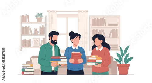 Friends Studying Together in Cozy Home Library