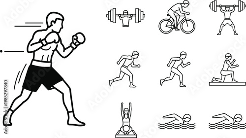 Sports and fitness activity line icon set featuring boxing running cycling swimming weightlifting and workout training concepts for active lifestyle