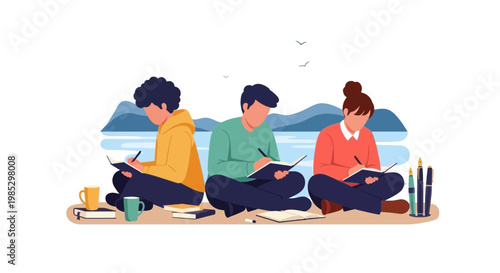 Group of Young People Relaxing and Drawing Outdoors