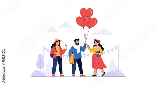 Joyful young people holding heart-shaped balloons at outdoor gathering