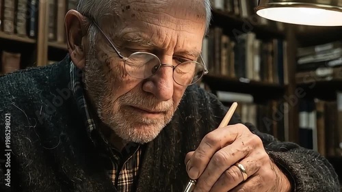 Senior Man with Glasses Writing or Drawing in a Library