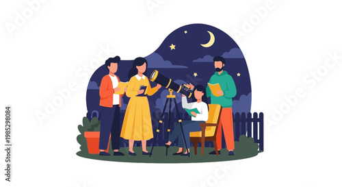 Group of People Stargazing with Telescope Under Night Sky