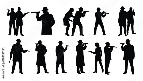 A collection of silhouetted figures predominantly gangsters aiming firearms in various poses high quality professional detailed
