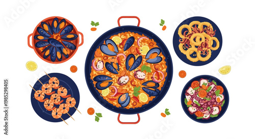Traditional Spanish Seafood Vector Illustration with Paella, Mussels, and Shrimp