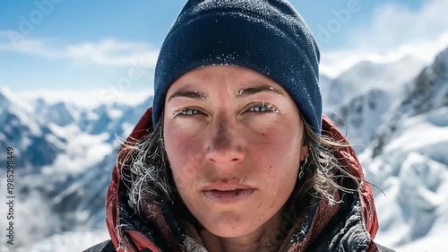 Portrait of a Woman in a Blue Beanie with Snowy Mountain Background