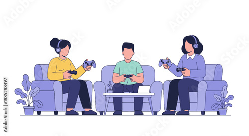 Group of People Engaged in Mobile Device Use in Living Room Scene