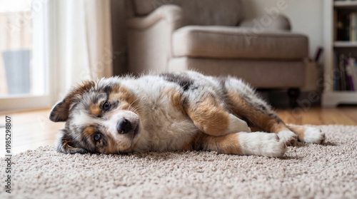Billede på lærred Adorable blue merle Australian Shepherd puppy relaxing comfortably on a cozy beige carpet indoors