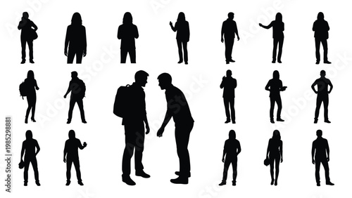 A collection of diverse black silhouette figures depicting people in various poses and activities high quality
