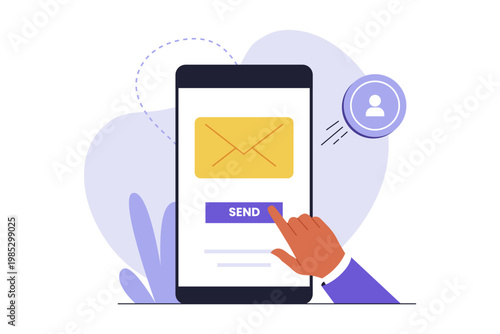 Illustration of Hand Touching Smartphone Screen to Send Email. A close-up illustration of a hand clicking the send button on a smartphone screen to deliver an electronic mail message instantly
