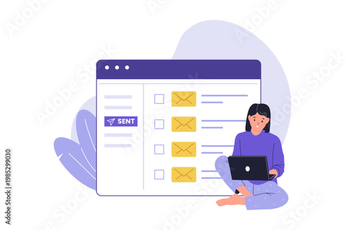 Illustration of Woman Reviewing Sent Items Email List. A woman sitting and checking a list of successfully sent email messages on a digital dashboard, representing history tracking