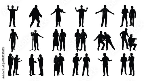 A collection of black silhouettes depicting diverse groups of people in various poses and interactions