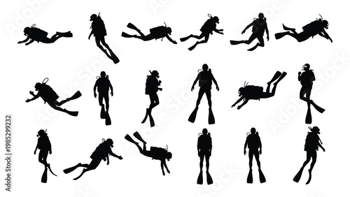 A collection of diverse scuba diver silhouettes in various poses showcasing underwater exploration high quality professional