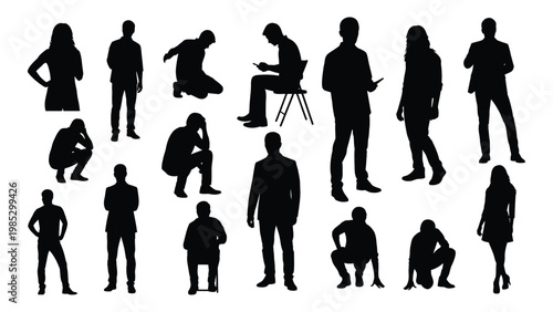 A collection of black silhouettes depicts diverse people in various poses and activities high quality professional