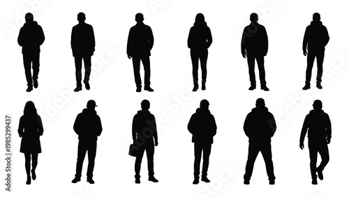 A collection of twelve black silhouettes depicting diverse people standing in various poses high quality professional