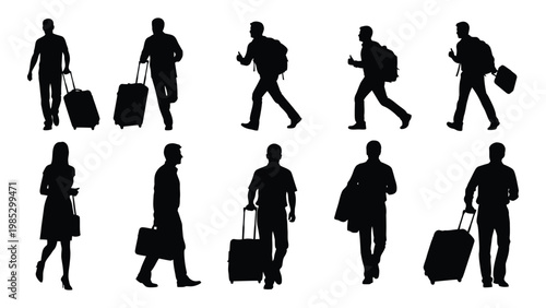 Silhouette collection of diverse people walking with luggage and bags representing travel and movement high quality