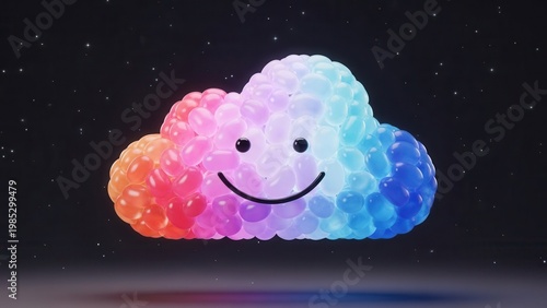 Joyful iridescent bubble cloud character smiling brightly in a serene starry void with gentle