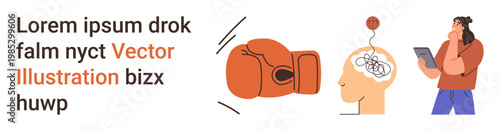 Mental health, stress management, emotional conflict, therapy, self-improvement, decision-making. Boxing glove, brain illustration woman holding a tablet. Stress management and emotional conflict