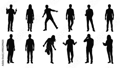 A collection of twelve black silhouettes depicting people in various dynamic and casual poses high quality