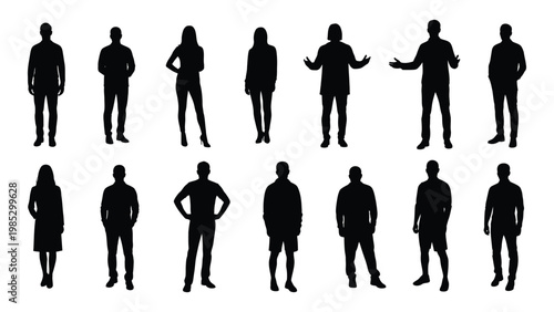 A collection of diverse silhouetted figures including men and women standing in various poses high quality
