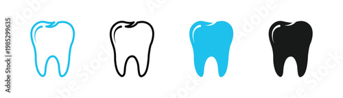 Dental tooth icon with blue clinic logotype, simple molar enamel symbol for dentist oral hygiene vector illustration