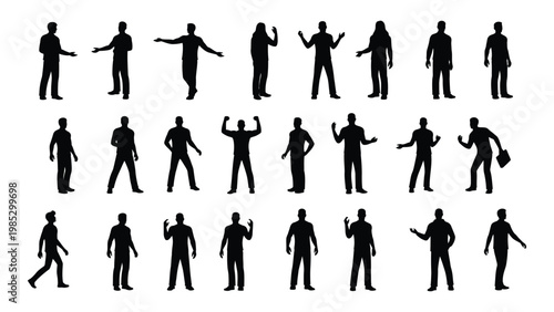 A collection of twenty four black silhouettes depicting people in various poses and activities high quality