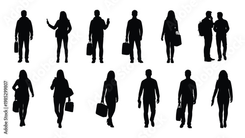 A collection of black silhouettes depicting diverse people walking and carrying shopping bags high quality professional