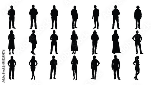 A collection of twenty five black silhouettes depicting diverse people in various standing poses high quality