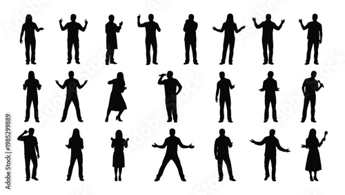A collection of diverse silhouetted figures with arms raised showcasing varied poses and clothing styles