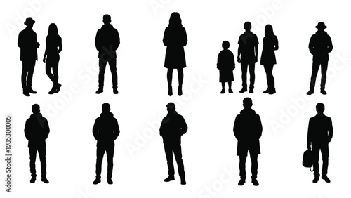 A collection of black silhouettes depicting diverse groups and individuals in various poses high quality professional