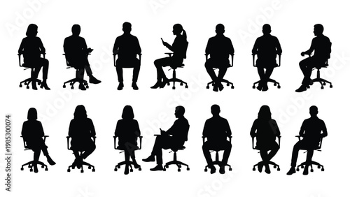 A collection of black silhouettes depicting people seated in office chairs appearing in various postures